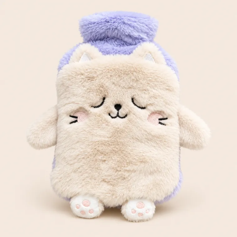 Bouillotte peluche chat beige à col lilas de 750 ml vue de face