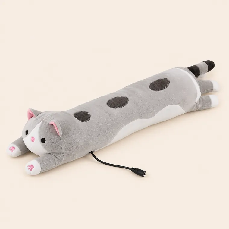 Coussin chauffant en peluche chat gris, long, avec son câble
