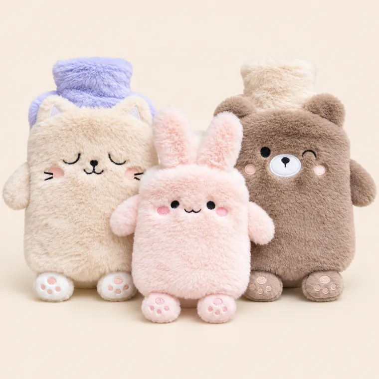 Pack famille, 3 doudous chauds : Le lapin rose 400 ml, le chat beige 750 ml et l'ours brun 750 ml.